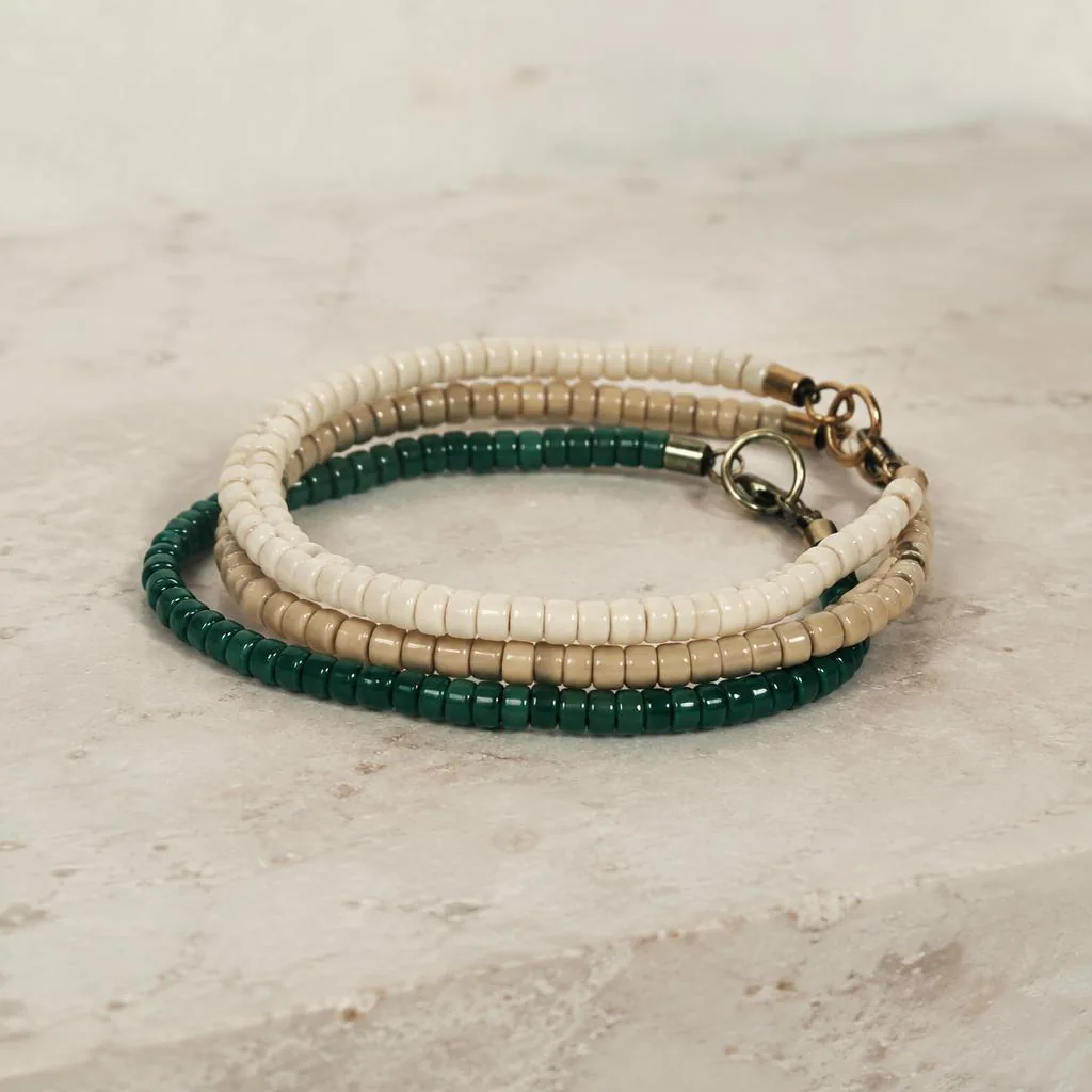 Beaded bracelet strands showing colour and repetition